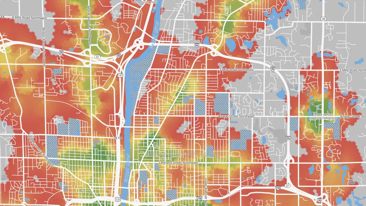 Walk Grade map of Creston, Grand Rapids, MI, walkable areas in green and car-dependent areas in red