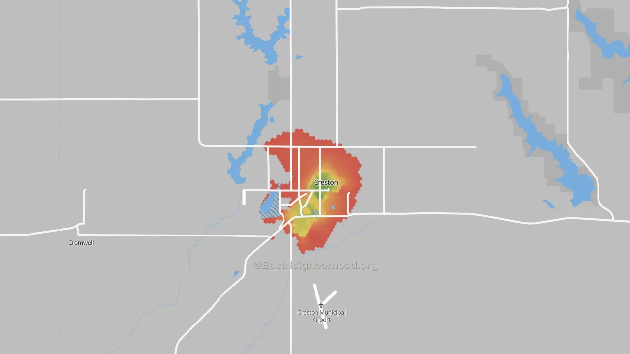 Walk Grade map of Creston, IA, walkable areas in green and car-dependent areas in red