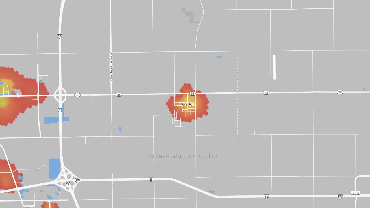 Walk Grade map of Creston, IL, walkable areas in green and car-dependent areas in red