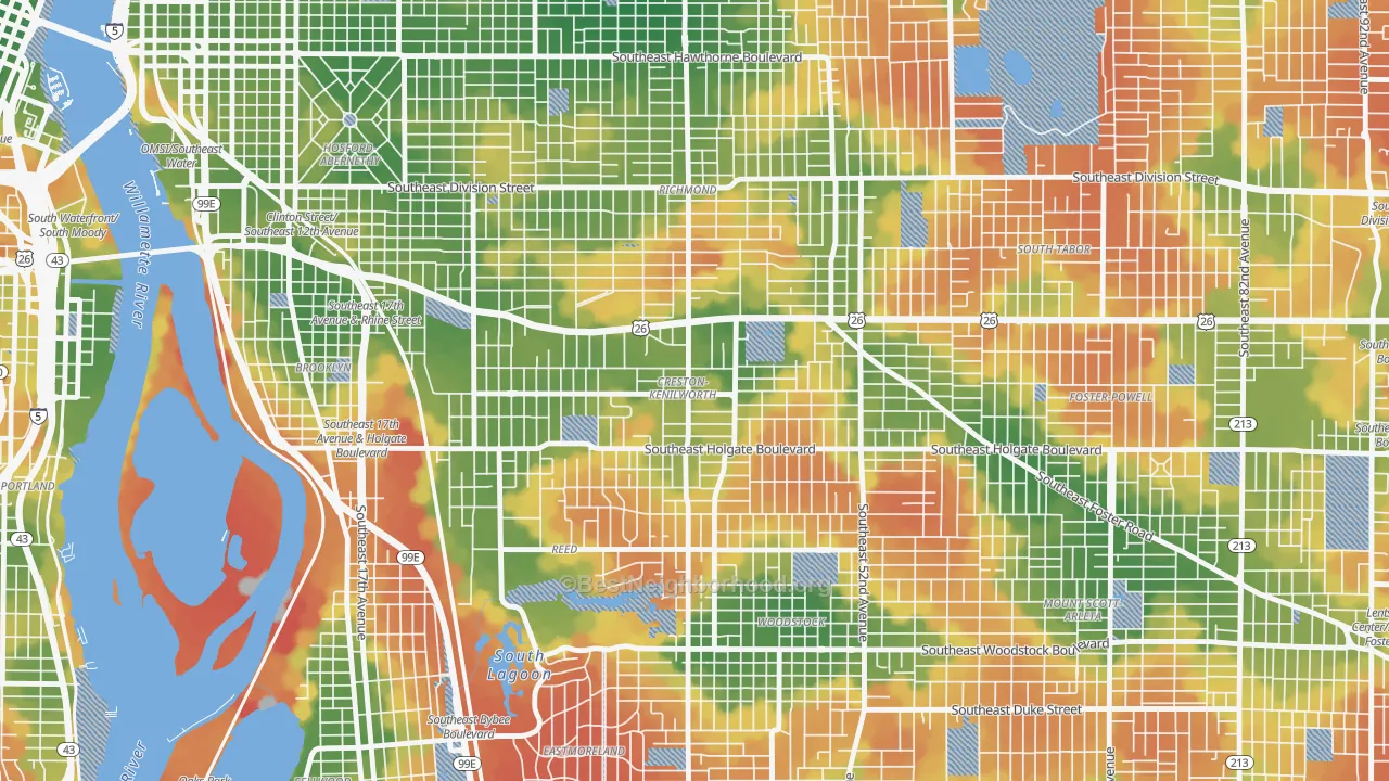Walk Grade map of Creston-Kenilworth, Portland, OR, walkable areas in green and car-dependent areas in red