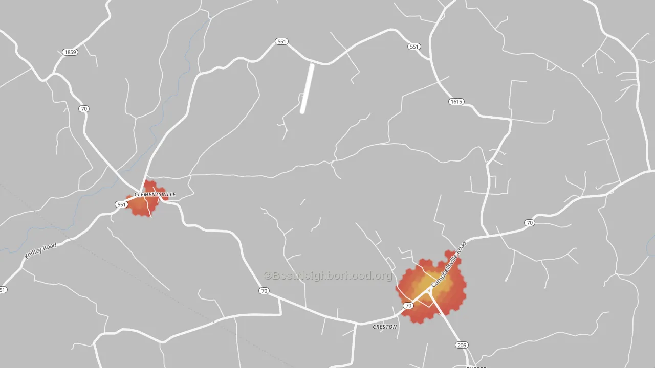Walk Grade map of Creston, KY, walkable areas in green and car-dependent areas in red