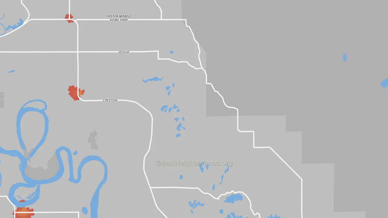 Walk Grade map of Creston, MT, walkable areas in green and car-dependent areas in red