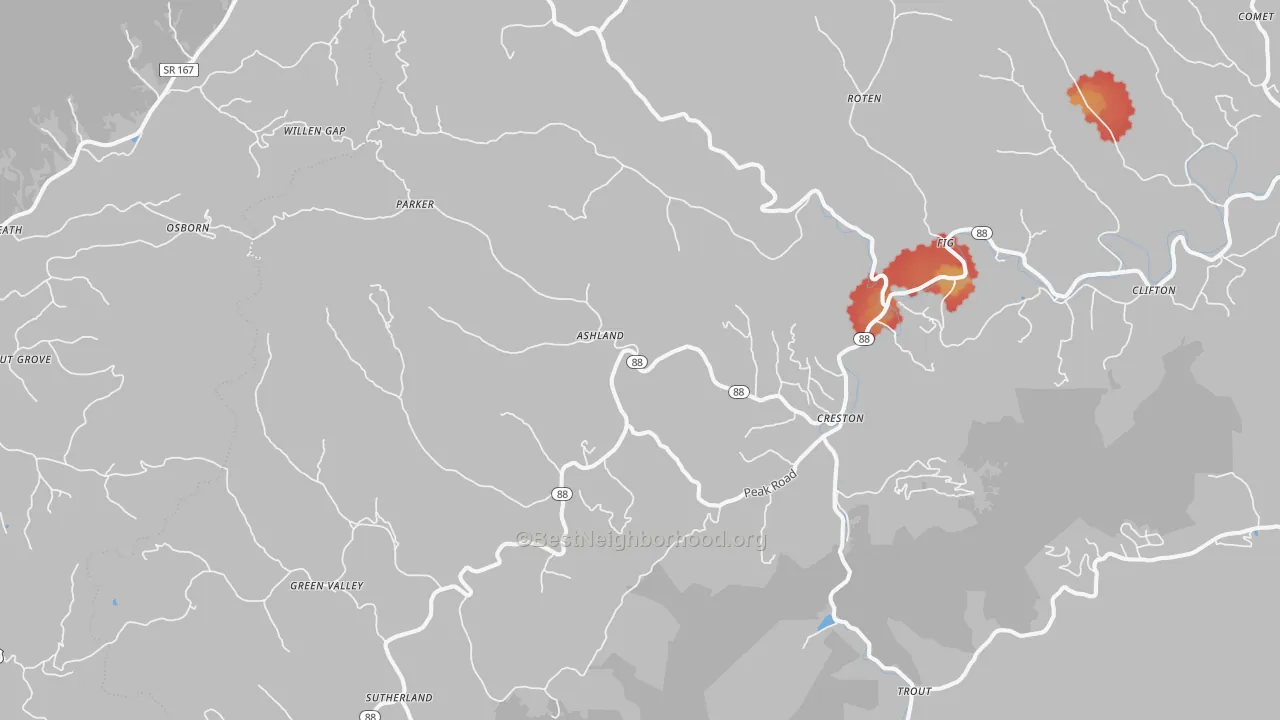 Walk Grade map of Creston, NC, walkable areas in green and car-dependent areas in red