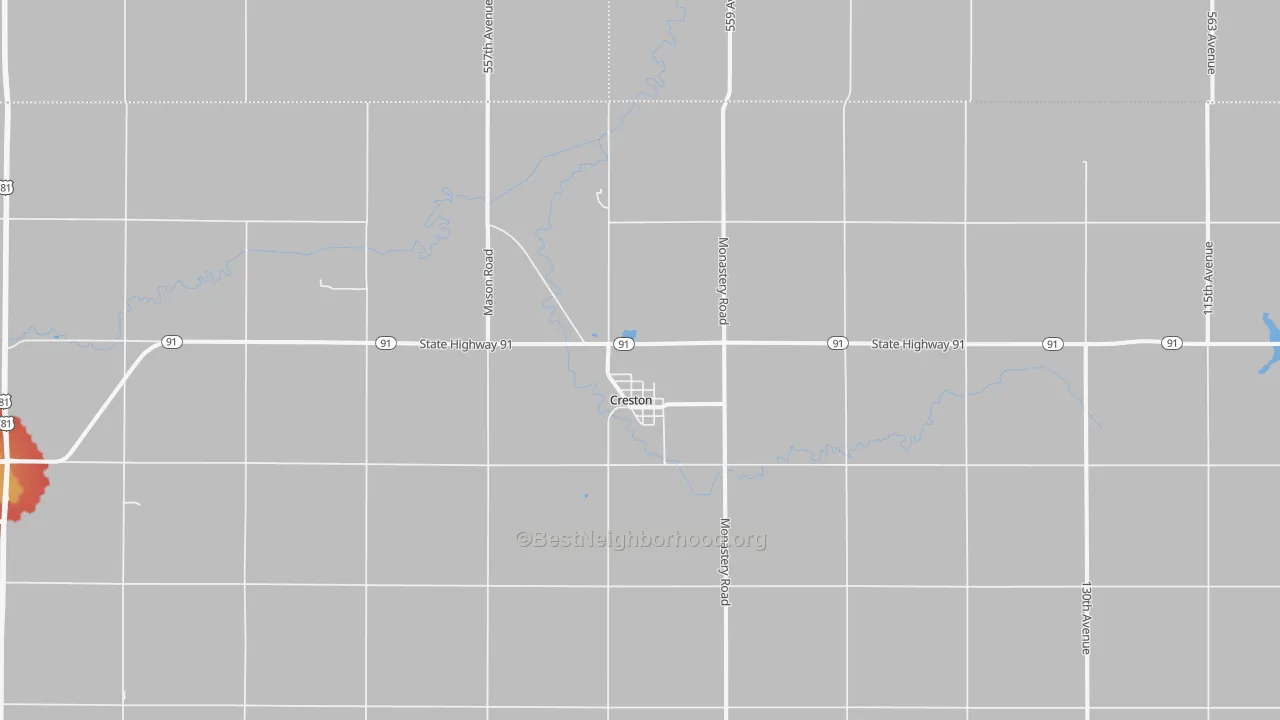 Walk Grade map of Creston, NE, walkable areas in green and car-dependent areas in red