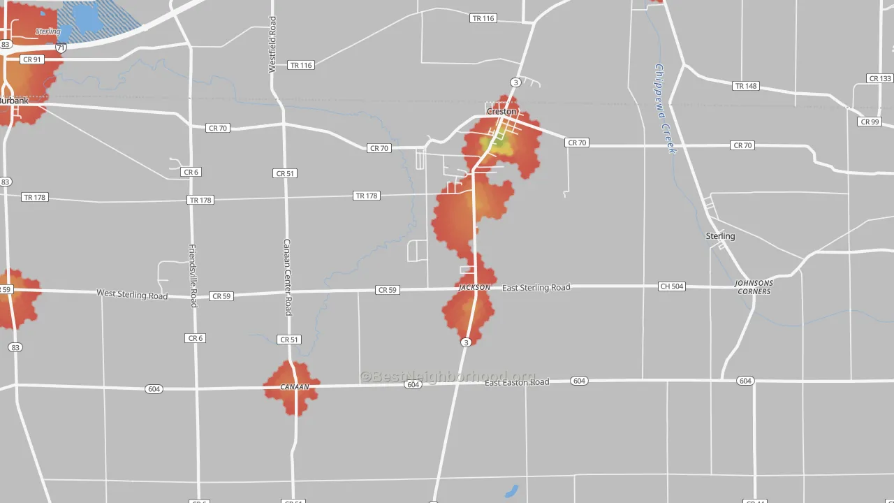 Walk Grade map of Creston, OH, walkable areas in green and car-dependent areas in red