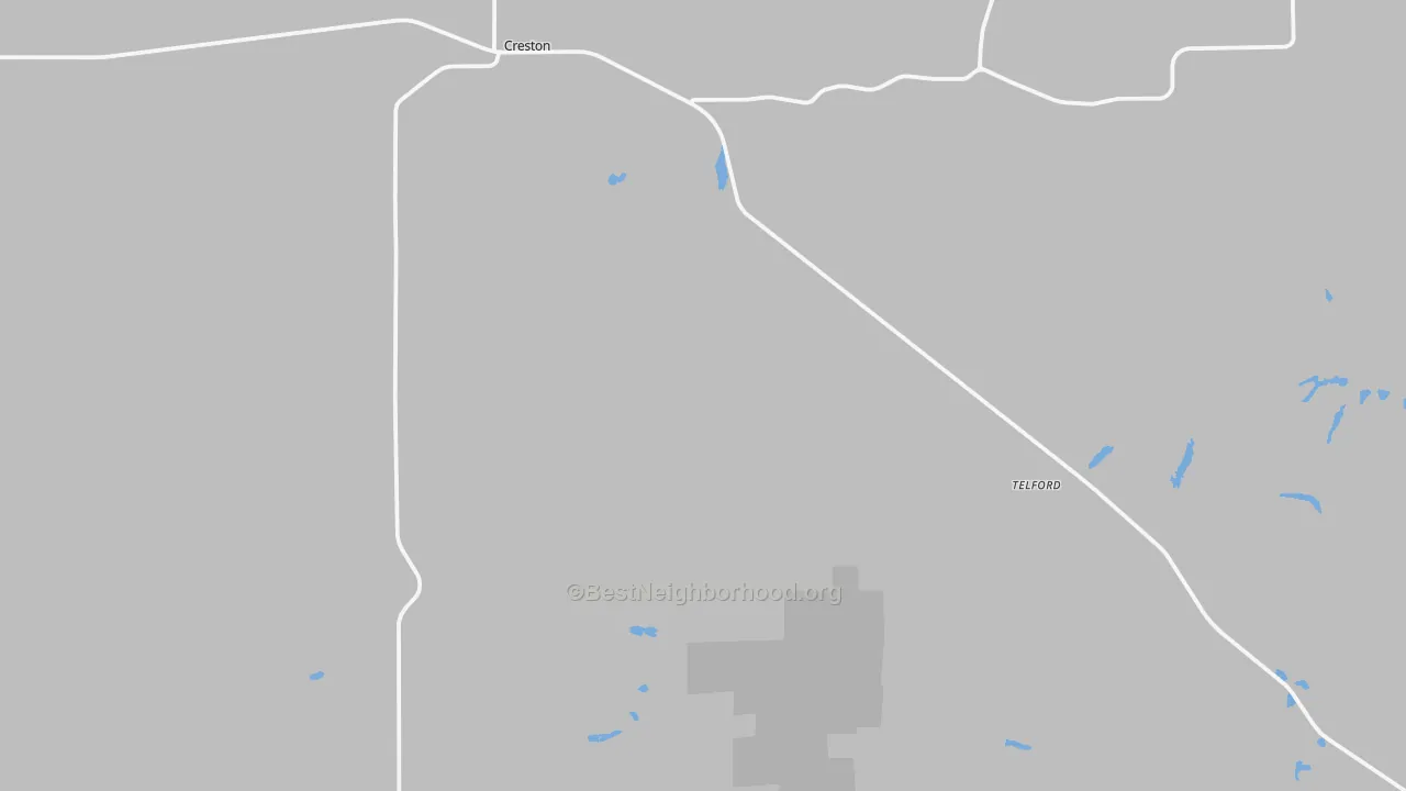 Walk Grade map of Creston, WA, walkable areas in green and car-dependent areas in red