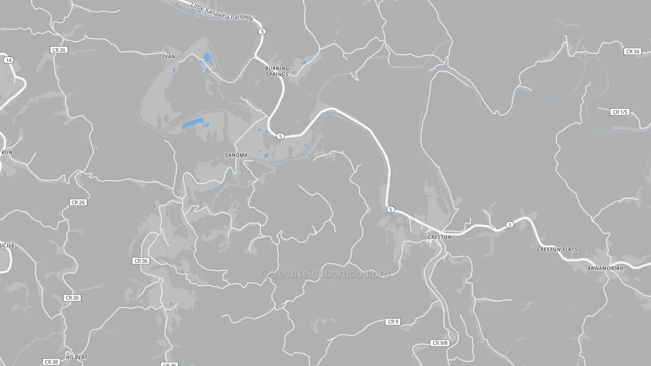 Walk Grade map of Creston, WV, walkable areas in green and car-dependent areas in red