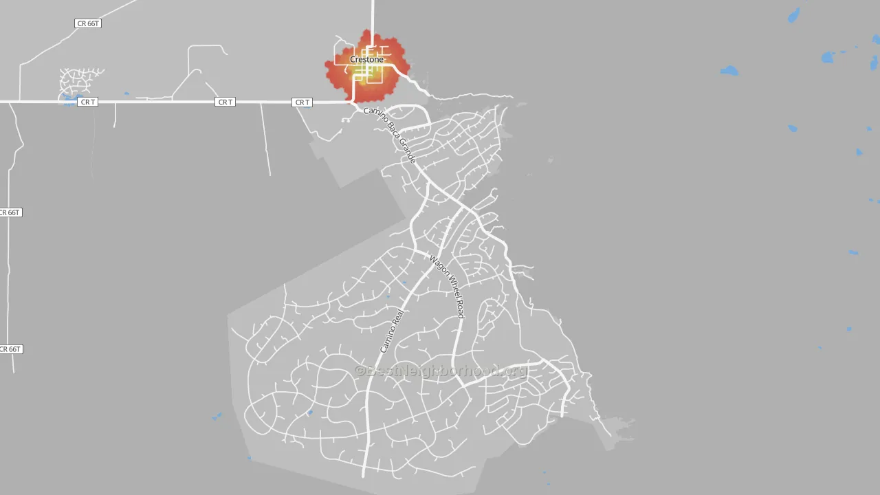 Walk Grade map of Crestone, CO, walkable areas in green and car-dependent areas in red