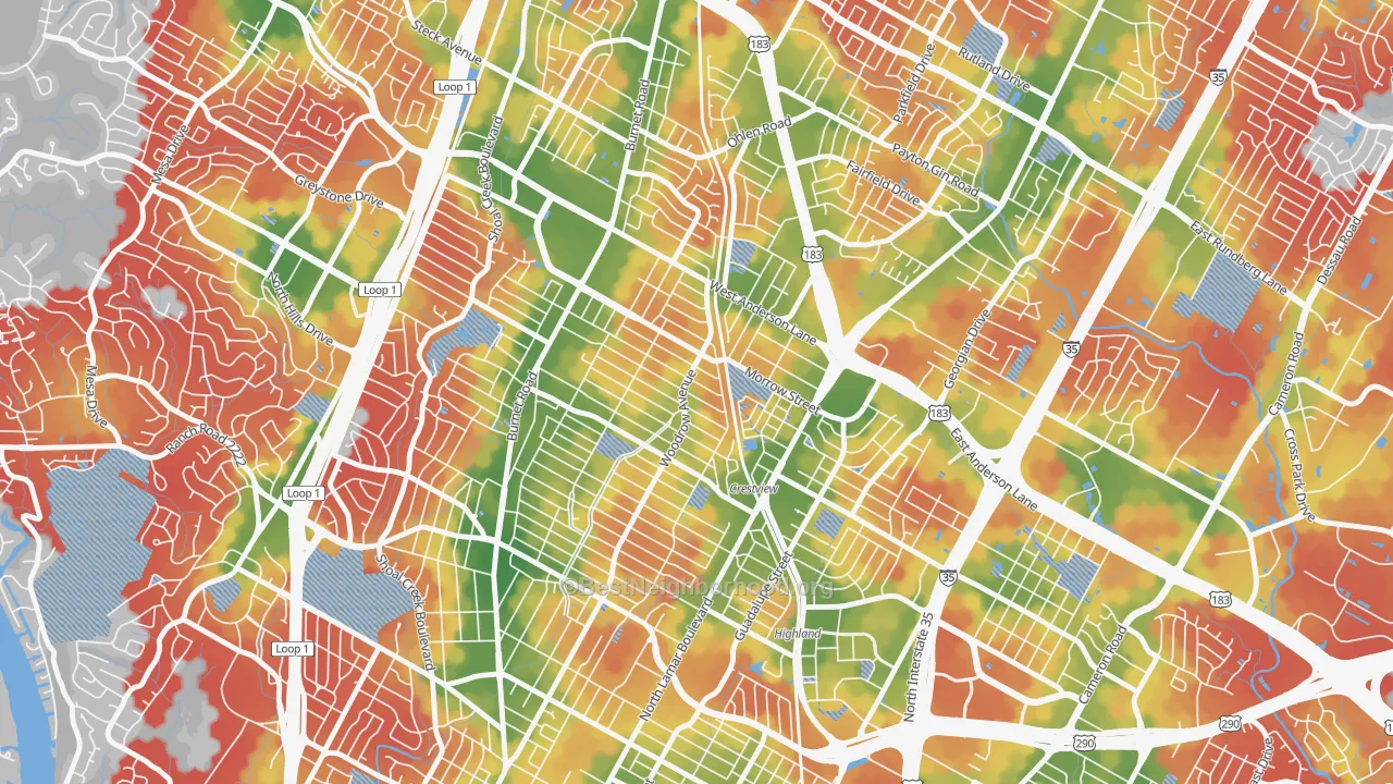 Walk Grade map of Crestview, Austin, TX, walkable areas in green and car-dependent areas in red
