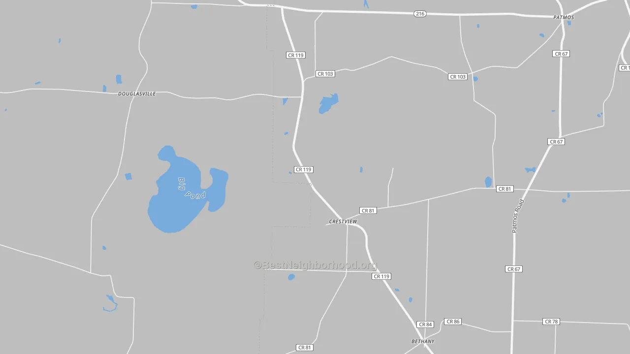 Walk Grade map of Crestview, GA, walkable areas in green and car-dependent areas in red