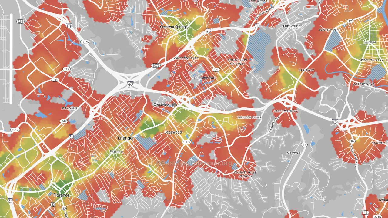 Walk Grade map of Crestview Hills, KY, walkable areas in green and car-dependent areas in red