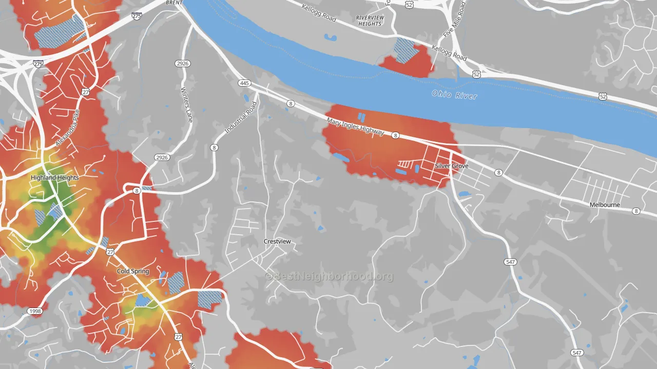 Walk Grade map of Crestview, KY, walkable areas in green and car-dependent areas in red