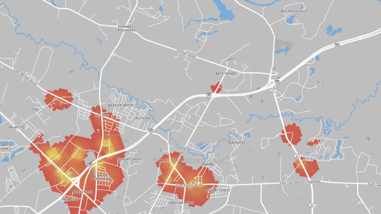 Walk Grade map of Crestview, SC, walkable areas in green and car-dependent areas in red