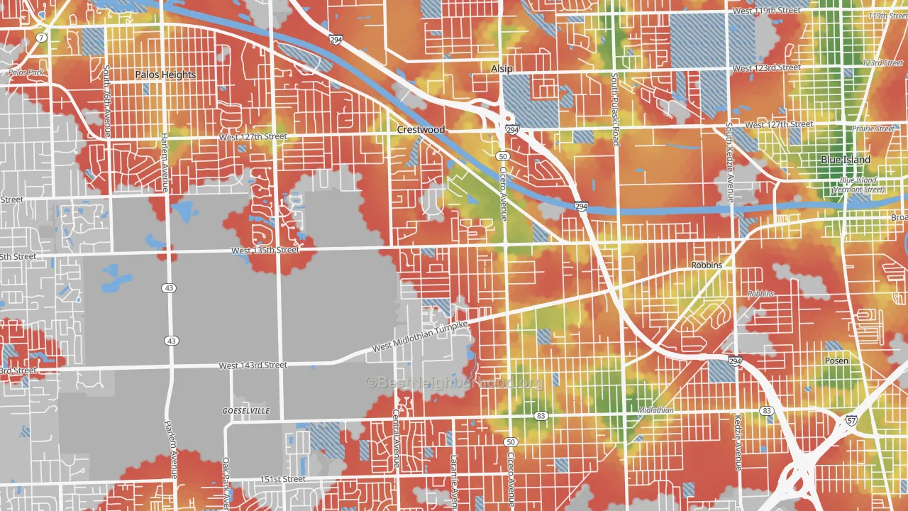Walk Grade map of Crestwood, IL, walkable areas in green and car-dependent areas in red