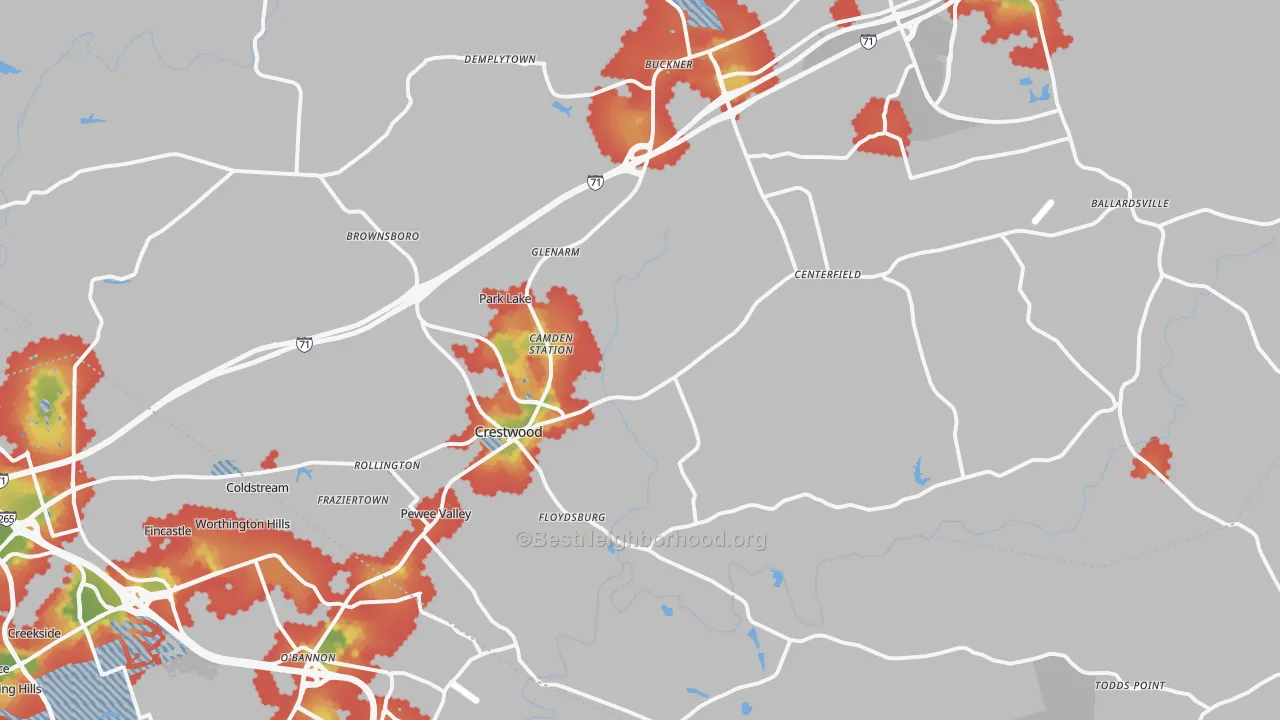Walk Grade map of Crestwood, KY, walkable areas in green and car-dependent areas in red