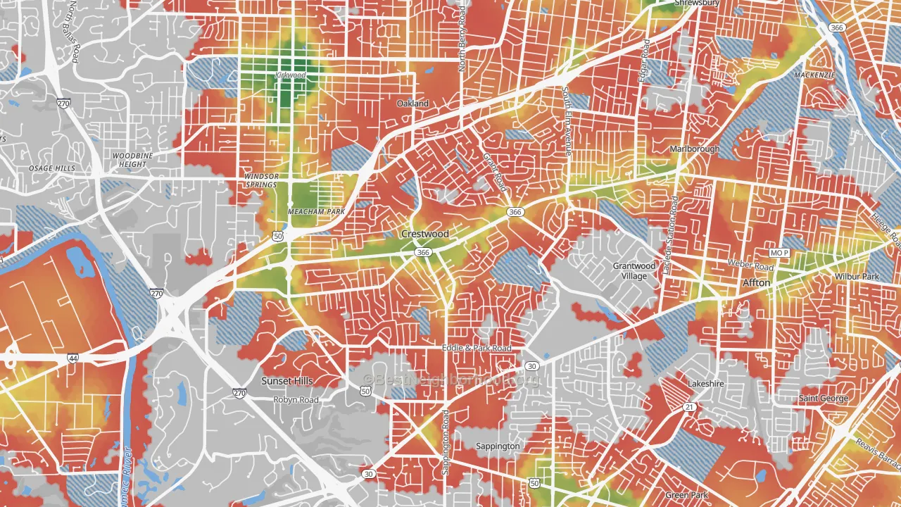 Walk Grade map of Crestwood, MO, walkable areas in green and car-dependent areas in red