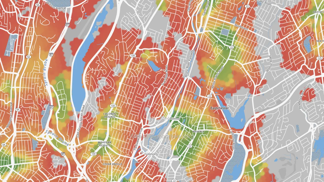 Walk Grade map of Crestwood, Tuckahoe, NY, walkable areas in green and car-dependent areas in red