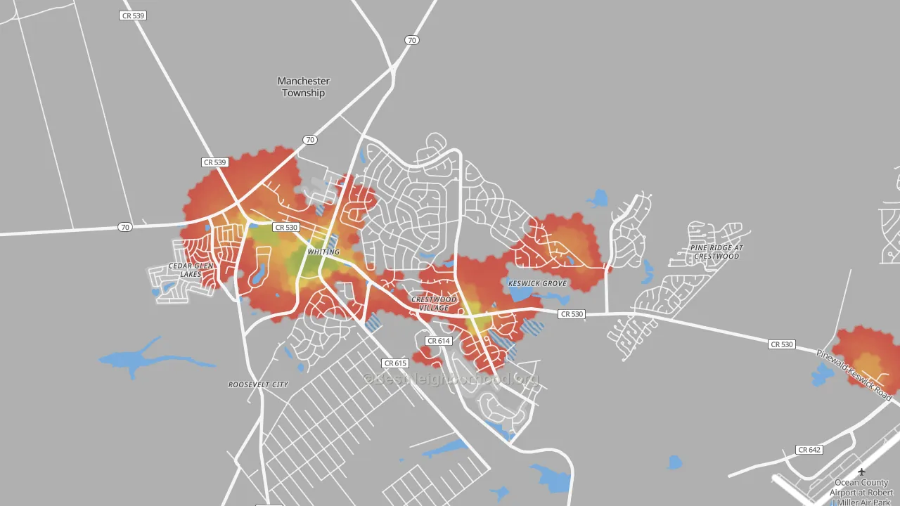 Walk Grade map of Crestwood Village, NJ, walkable areas in green and car-dependent areas in red