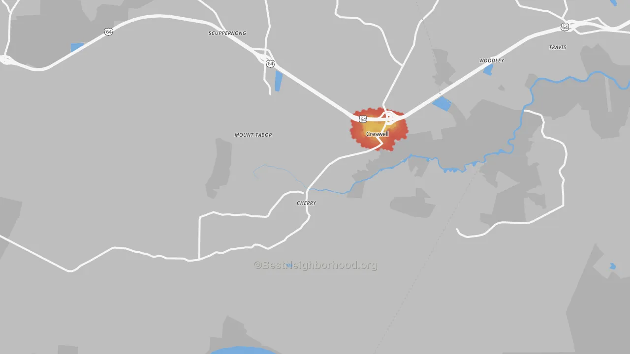 Walk Grade map of Creswell, NC, walkable areas in green and car-dependent areas in red