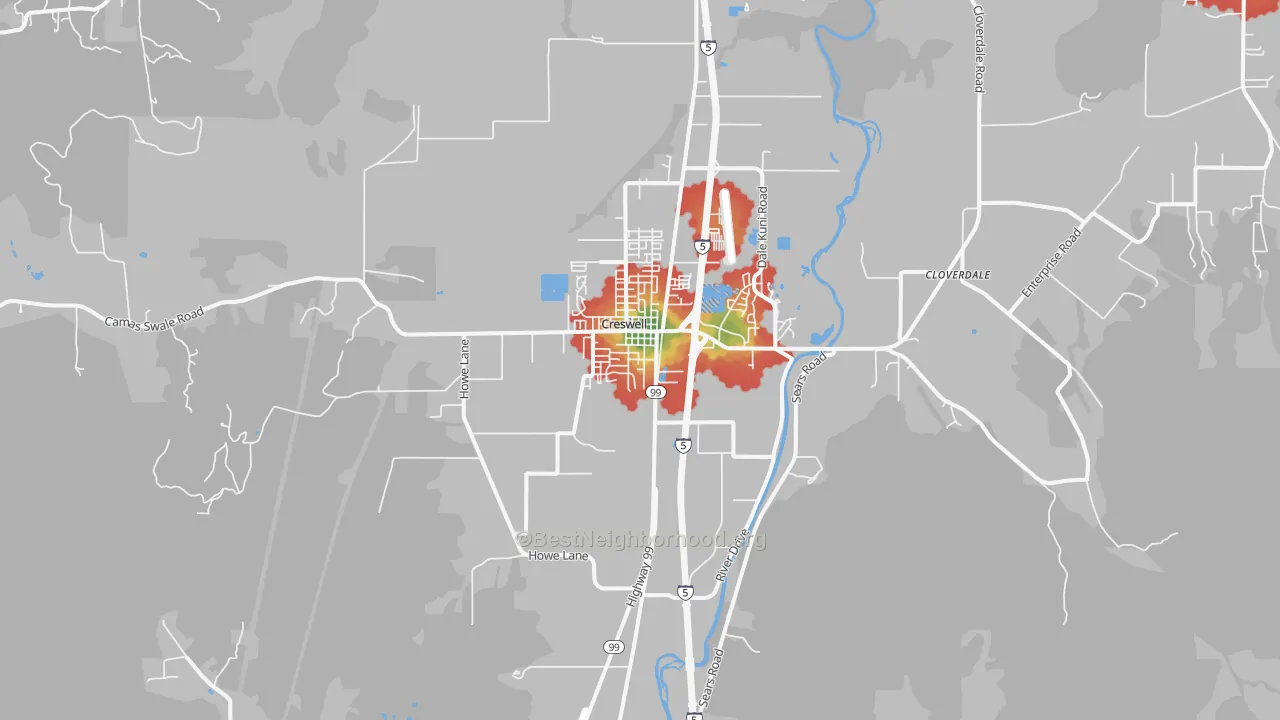 Walk Grade map of Creswell, OR, walkable areas in green and car-dependent areas in red