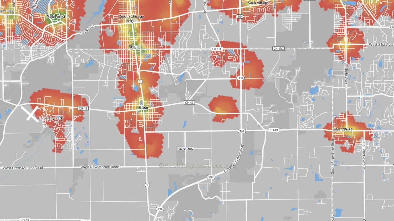 Walk Grade map of Crete, IL, walkable areas in green and car-dependent areas in red