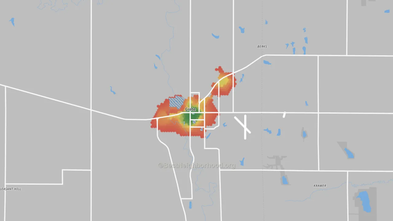 Walk Grade map of Crete, NE, walkable areas in green and car-dependent areas in red