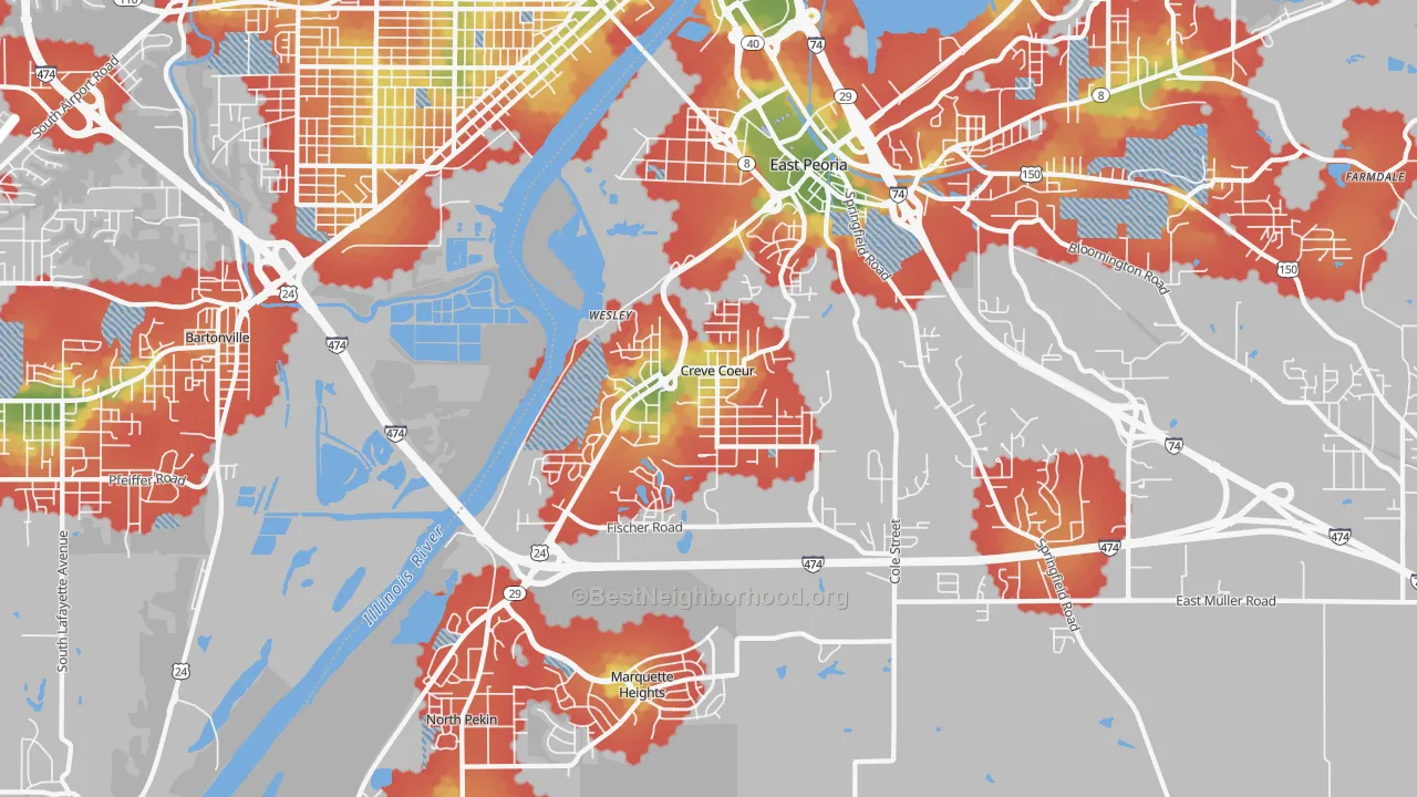 Walk Grade map of Creve Coeur, IL, walkable areas in green and car-dependent areas in red
