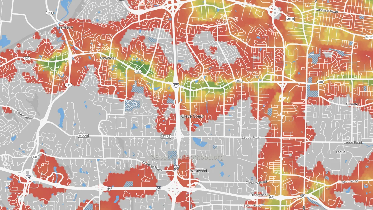 Walk Grade map of Creve Coeur, MO, walkable areas in green and car-dependent areas in red