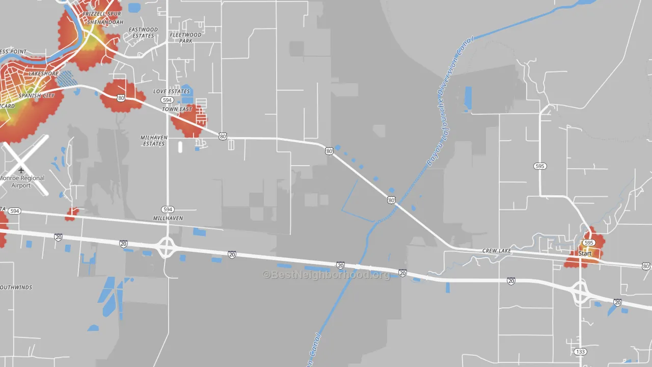 Walk Grade map of Crew Lake, LA, walkable areas in green and car-dependent areas in red