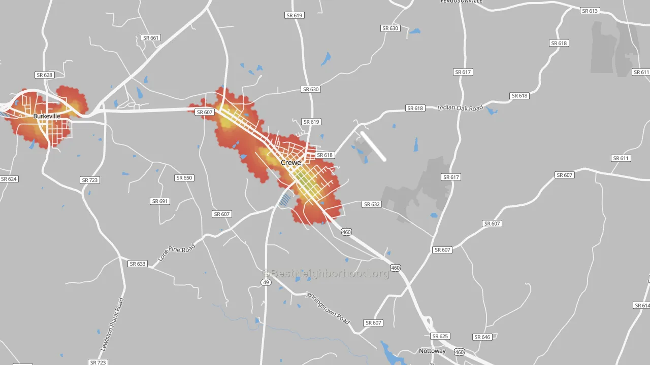 Walk Grade map of Crewe, VA, walkable areas in green and car-dependent areas in red