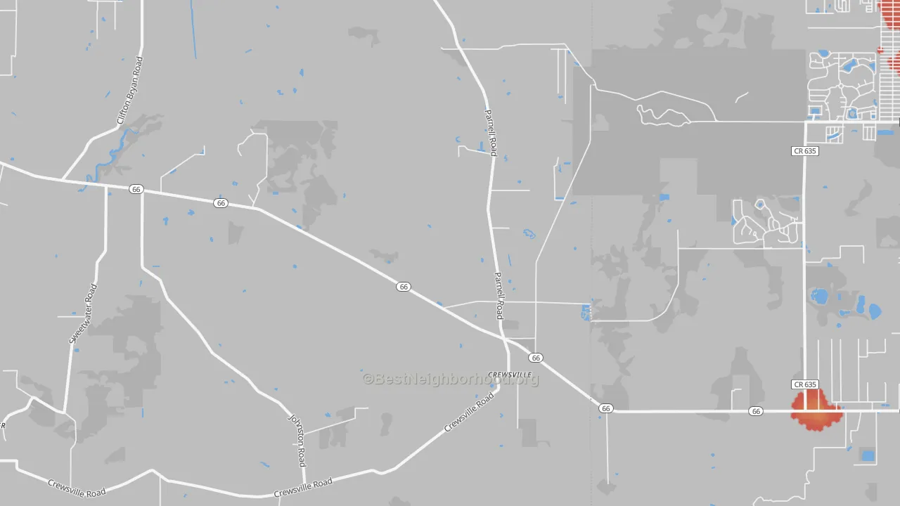 Walk Grade map of Crewsville, FL, walkable areas in green and car-dependent areas in red