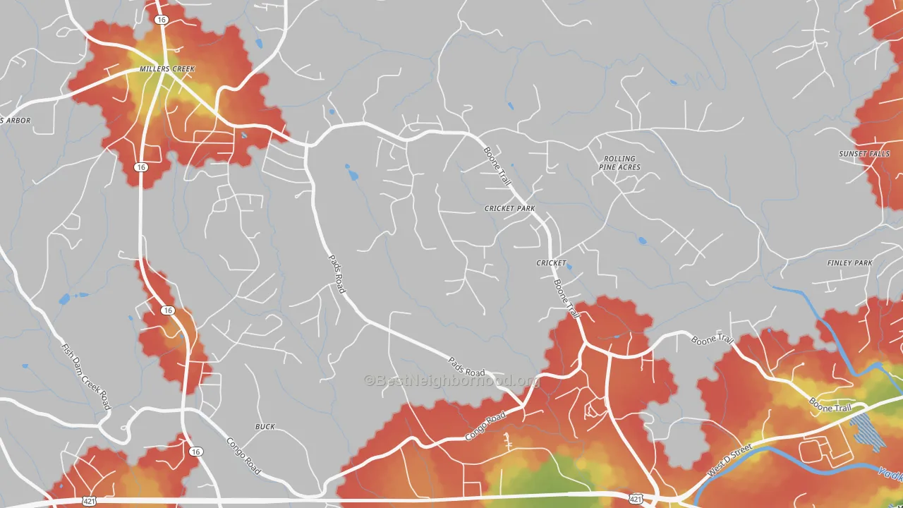 Walk Grade map of Cricket, NC, walkable areas in green and car-dependent areas in red