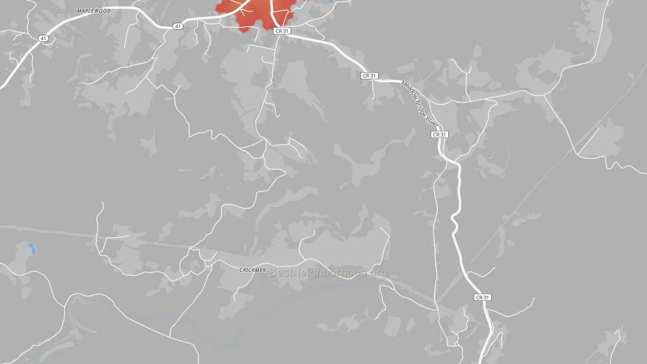 Walk Grade map of Crickmer, WV, walkable areas in green and car-dependent areas in red
