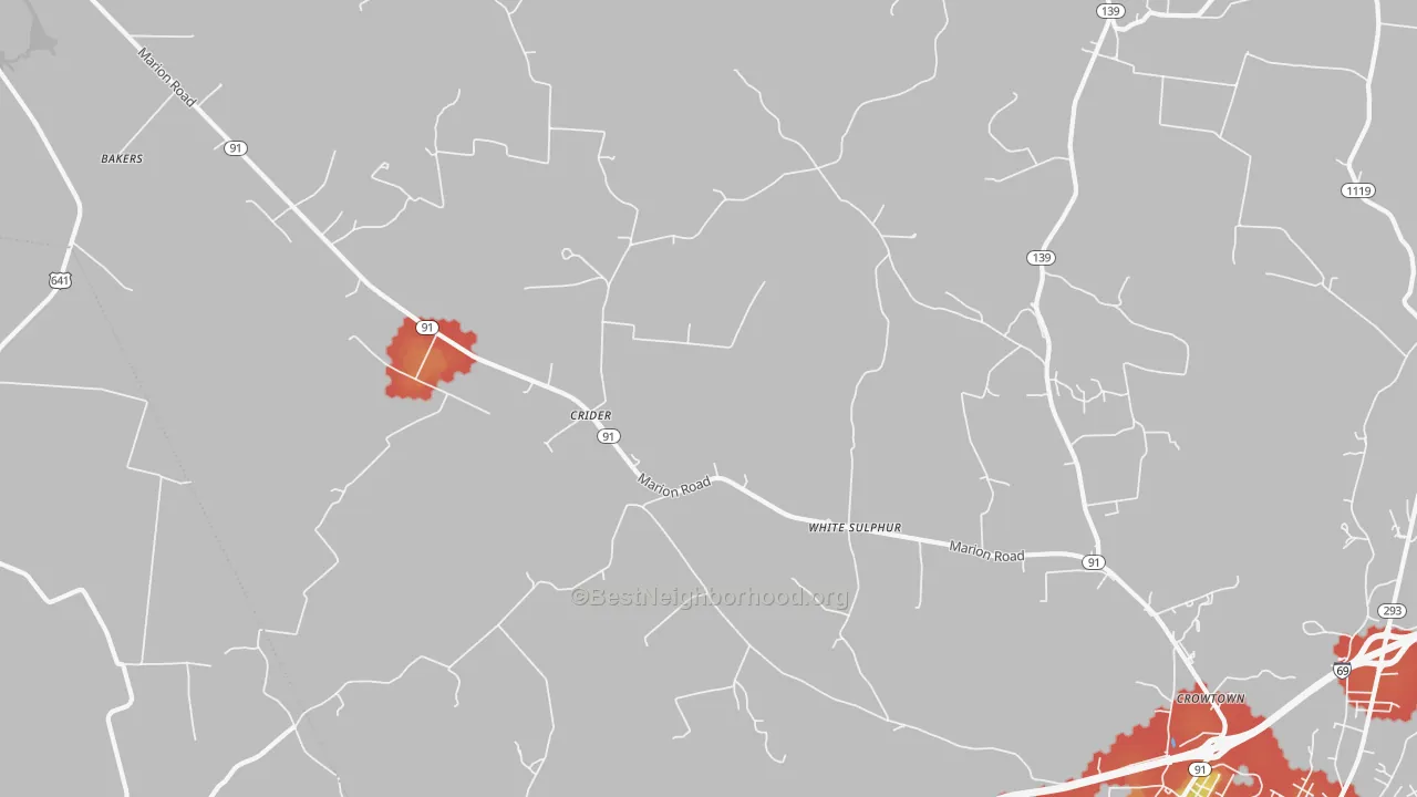 Walk Grade map of Crider, KY, walkable areas in green and car-dependent areas in red