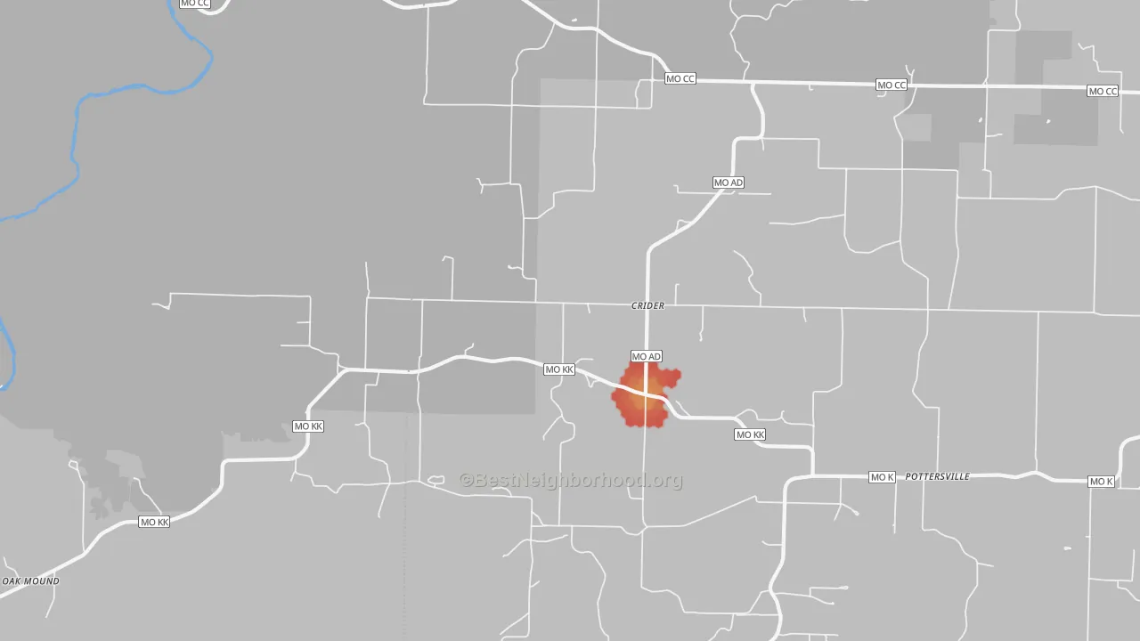 Walk Grade map of Crider, MO, walkable areas in green and car-dependent areas in red