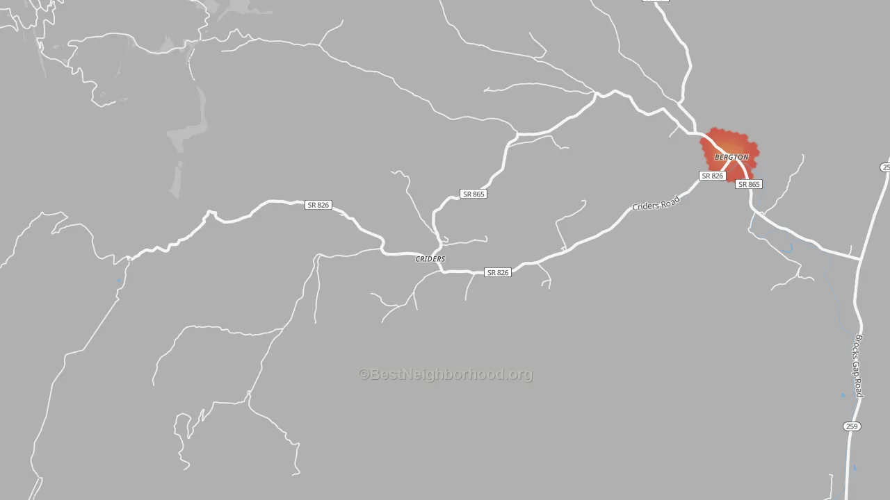 Walk Grade map of Criders, VA, walkable areas in green and car-dependent areas in red