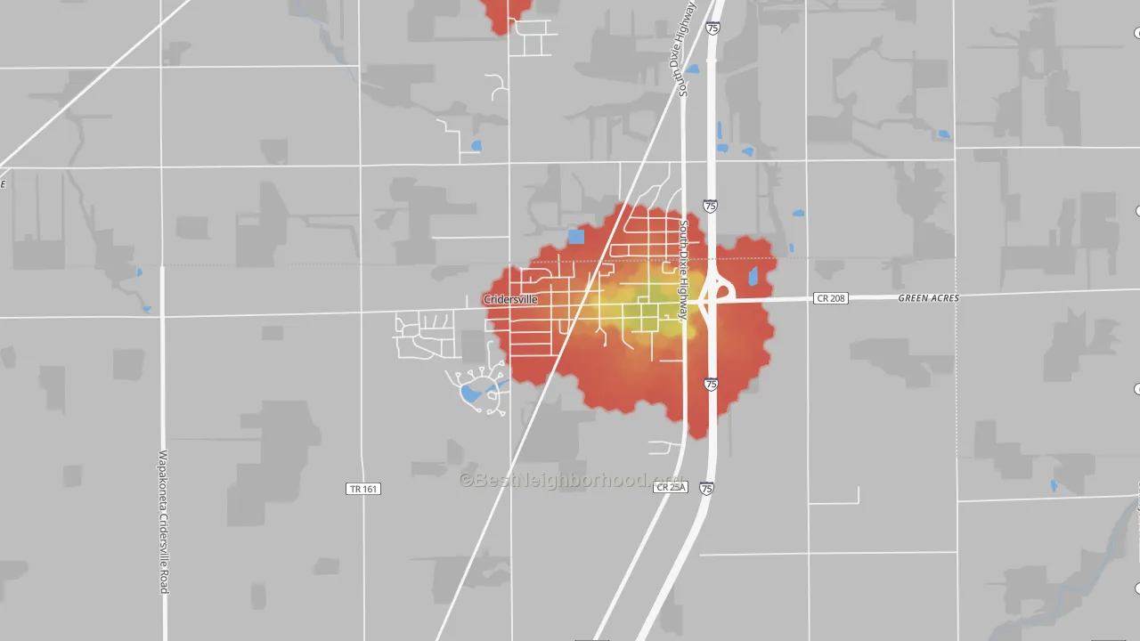 Walk Grade map of Cridersville, OH, walkable areas in green and car-dependent areas in red