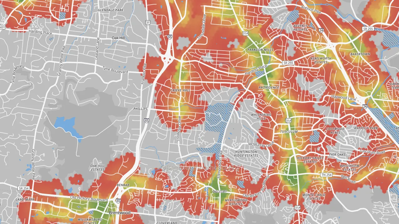 Walk Grade map of Crieve Hall, Nashville, TN, walkable areas in green and car-dependent areas in red