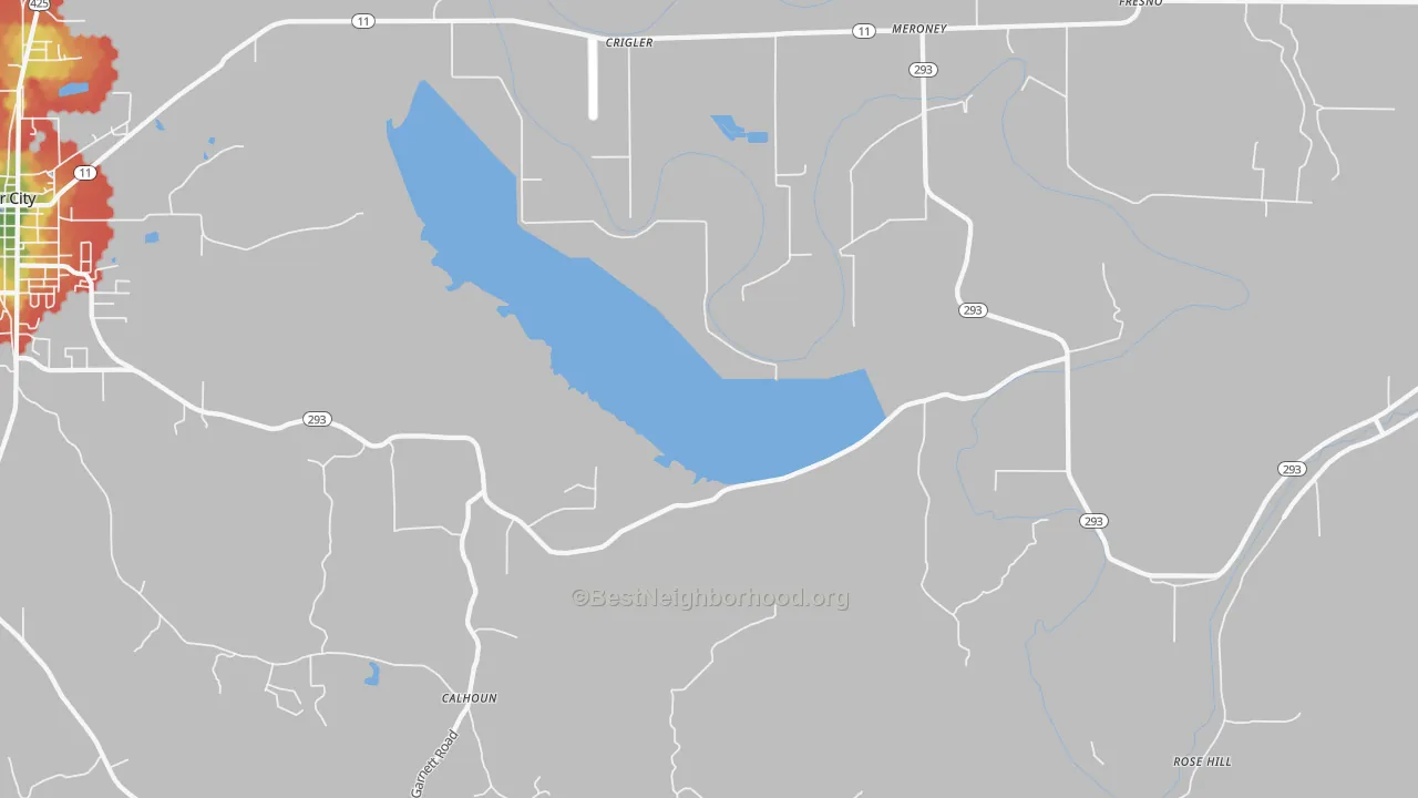 Walk Grade map of Crigler, AR, walkable areas in green and car-dependent areas in red