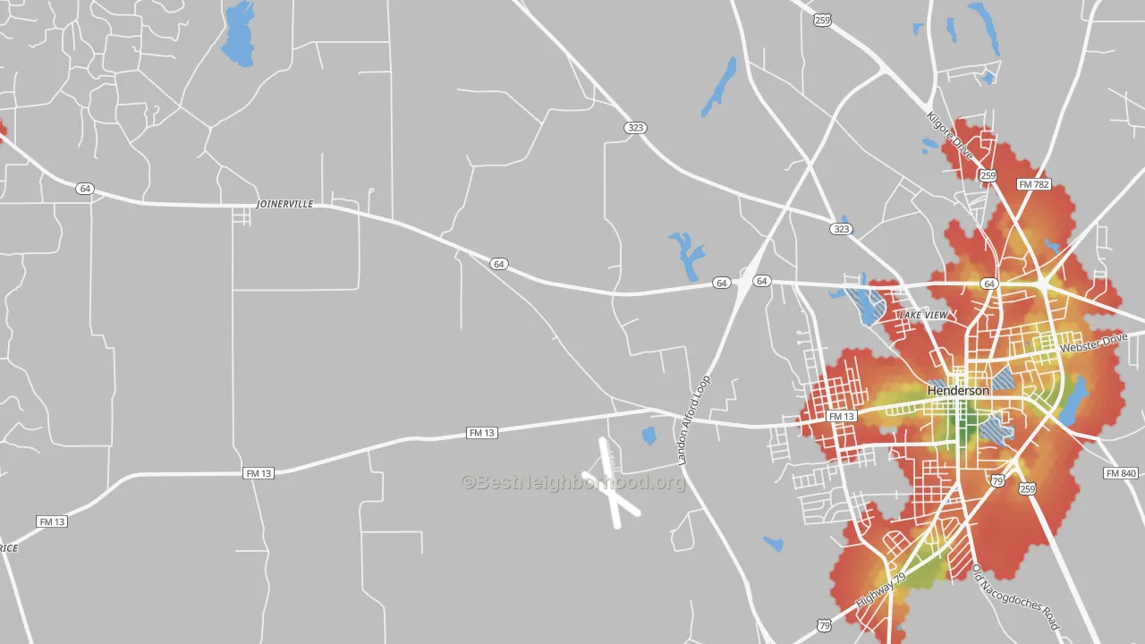 Walk Grade map of Crimcrest, TX, walkable areas in green and car-dependent areas in red