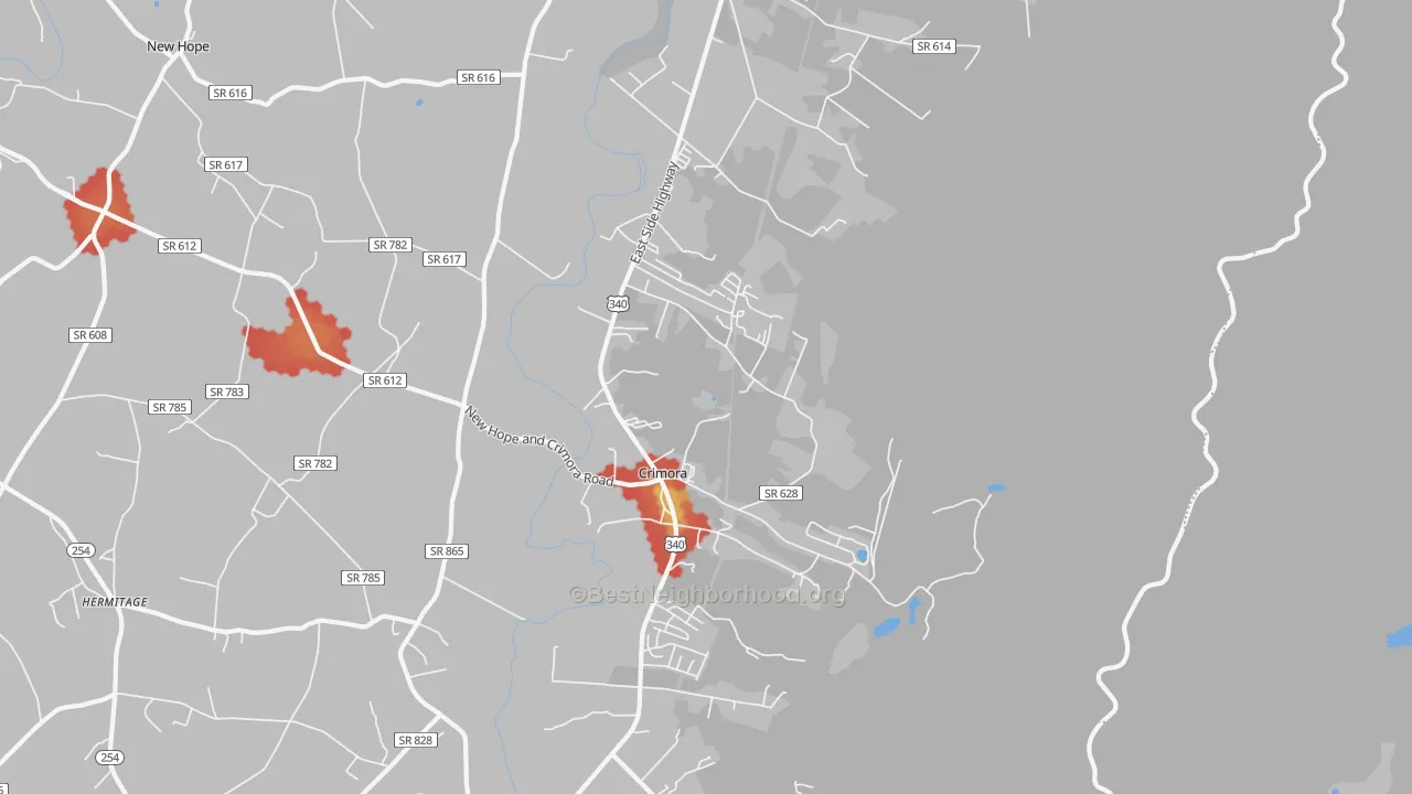 Walk Grade map of Crimora, VA, walkable areas in green and car-dependent areas in red