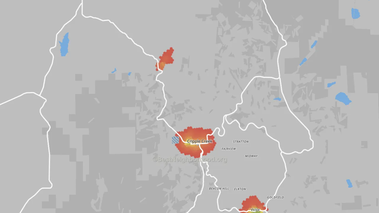 Walk Grade map of Cripple Creek, CO, walkable areas in green and car-dependent areas in red