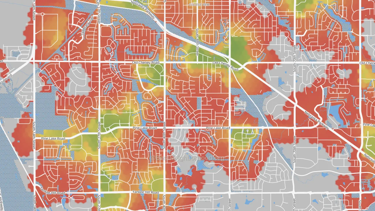 Walk Grade map of Cripple Creek, Lincoln, NE, walkable areas in green and car-dependent areas in red
