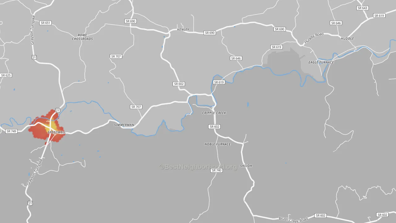 Walk Grade map of Cripple Creek, VA, walkable areas in green and car-dependent areas in red