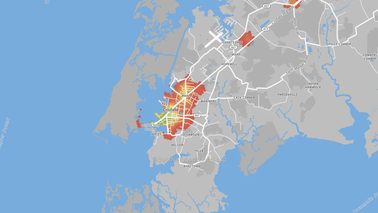 Walk Grade map of Crisfield, MD, walkable areas in green and car-dependent areas in red