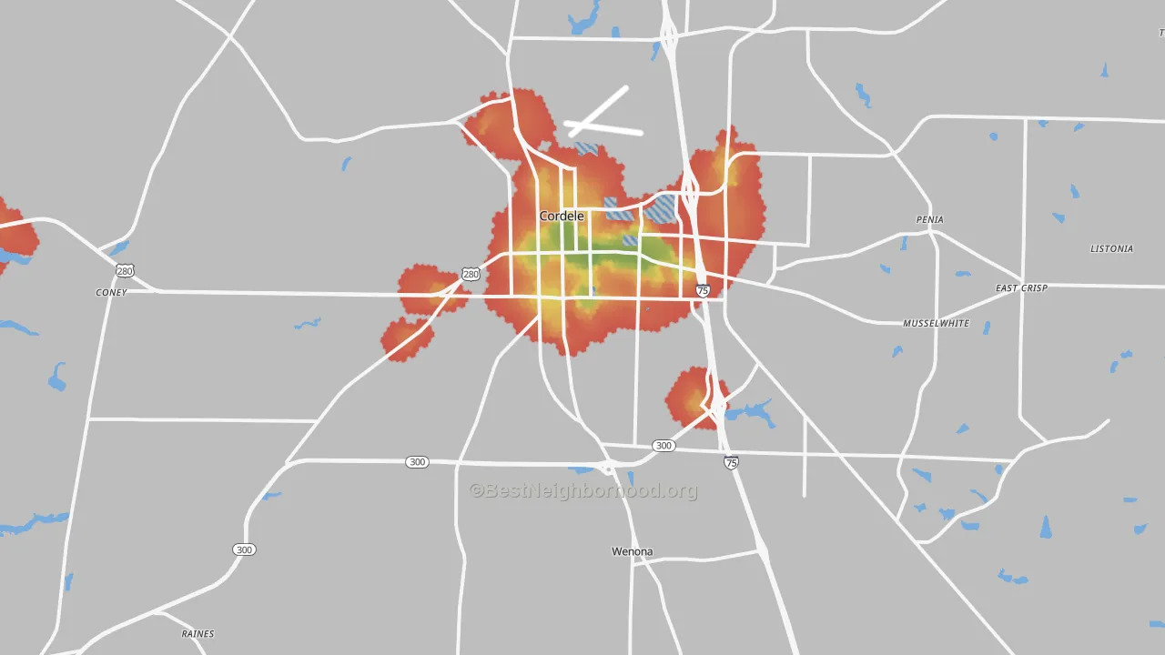 Walk Grade map of Crisp County, GA, walkable areas in green and car-dependent areas in red
