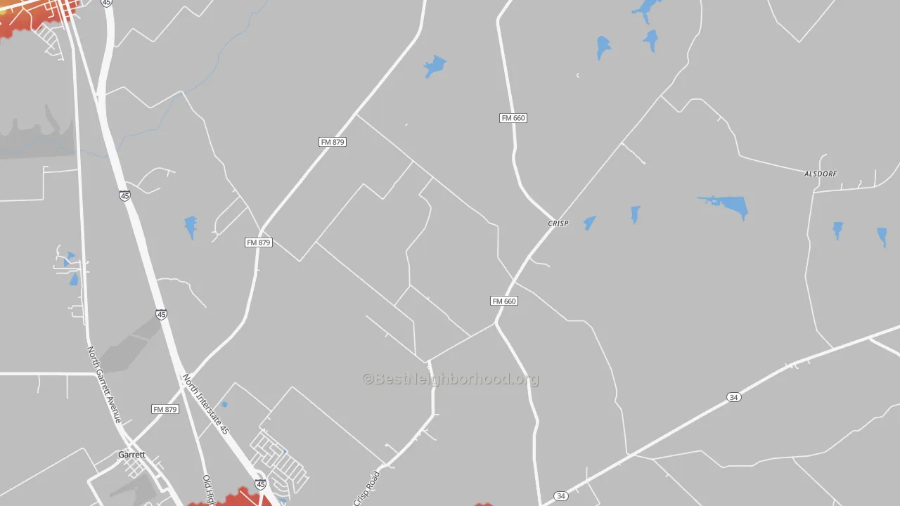 Walk Grade map of Crisp, TX, walkable areas in green and car-dependent areas in red