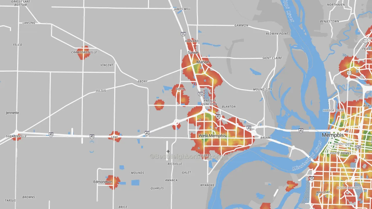 Walk Grade map of Crittenden County, AR, walkable areas in green and car-dependent areas in red