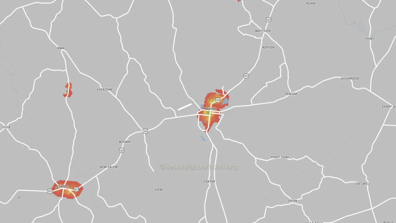Walk Grade map of Crittenden County, KY, walkable areas in green and car-dependent areas in red