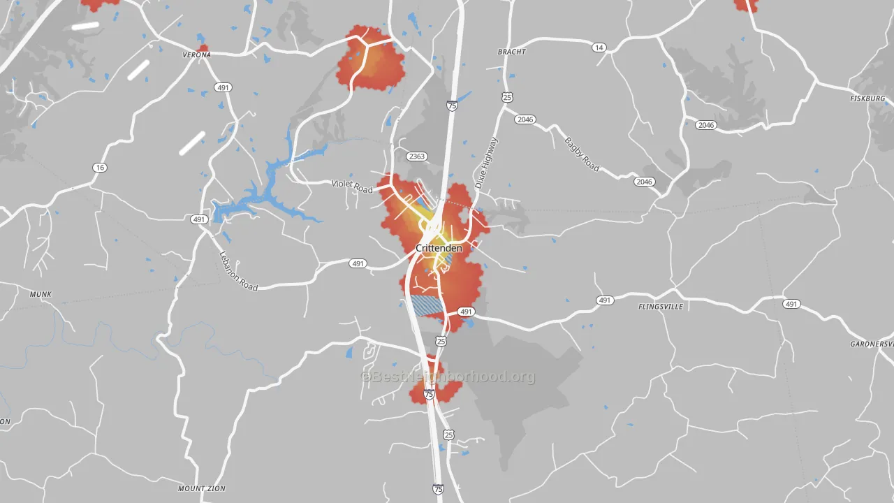Walk Grade map of Crittenden, KY, walkable areas in green and car-dependent areas in red
